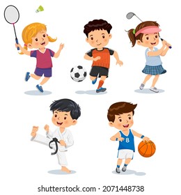 Vector illustration of cute little children playing different sports, badminton, football, golf, karate, basketball. Isolated on a white background