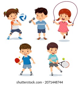 Vector illustration of cute little children playing different sports, volleyball, dumbbell, jump rope, table tennis, tennis. Isolated on a white background