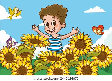 ilustración vectorial de niños pequeños lindos en campo de girasol