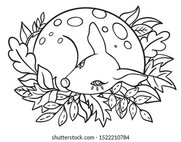 Vector illustration cute little deer isolated on white. Hand drawn decorative fawn in fallen leaves. Color element for child design. Autumn outline drawing for coloring book for children.