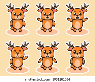 Vector illustration of cute Little Deer cartoon set. Cute Little Deer expression character design bundle. Good for icon, logo, label, sticker, clipart.