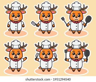 Vector illustration of cute Little Deer Chef cartoon set. Cute Little Deer expression character design bundle. Good for icon, logo, label, sticker, clipart.