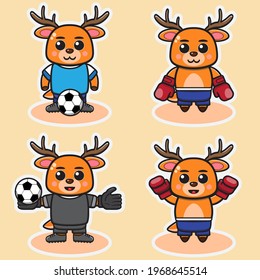Vector illustration of cute Little Deer Boxing and Football cartoon set. Cute Little Deer expression character design bundle. Good for icon, logo, label, sticker, clipart.