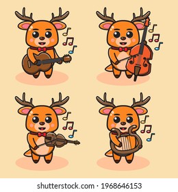 Vector illustration of cute Little Deer Play Music cartoon set. Cute Little Deer expression character design bundle. Good for icon, logo, label, sticker, clipart.