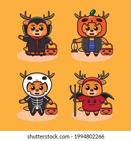 Vector illustration of cute Little Deer Halloween cartoon set. Dracula, Pumpkin, skeleton and devil costume set. Good for icon, logo, label, sticker, clipart.