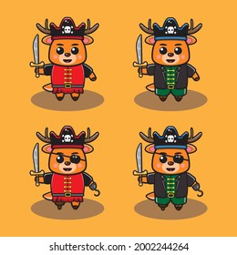 Vector illustration of cute Little Deer Pirate Captain cartoon set. Good for icon, logo, label, sticker, clipart.