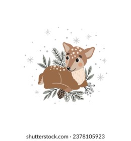 Vector illustration with cute little deer. Suitable for printing on paper, fabric, scrapbooking.