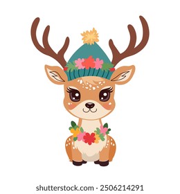 Vector illustration of a cute little deer with a hat and a wreath of flowers around its neck.