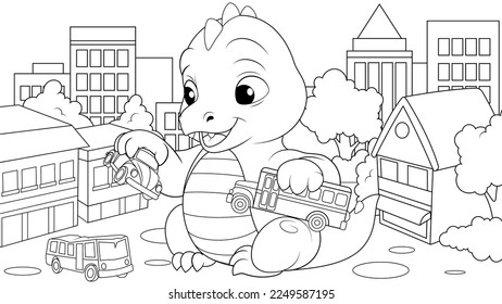 Vector illustration, cute little dinosaur is playing in the city with cars, coloring