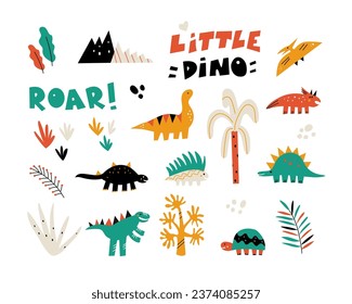 Vector illustration with cute little dinosaur design elements isolated on white background.
Icon set with dinosaurs, plants and lettering in bold colors.