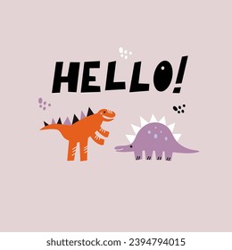 Vector illustration with cute little dinosaurs and hello lettering. Modern design with smiling characters.