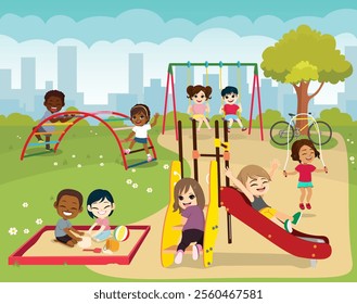 Vector illustration of cute little diverse children playing on playground spending leisure time in game. Kids having fun at the park