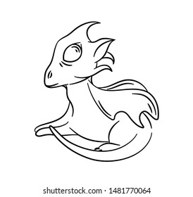 Vector illustration with a cute little dragon that lies. Outline drawing of a mythological creature. Fairytale animal with wings and big eyes on a white background.