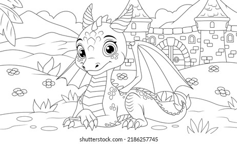 Vector illustration, cute little dragon lies on a clearing, book coloring.