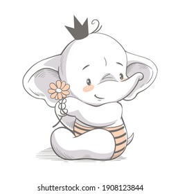 Vector illustration of a cute little elephant with crown and flower, baby shower card.