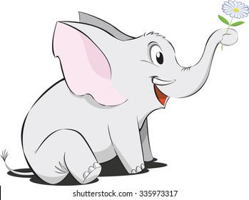 vector illustration of a cute little elephant offering a flower