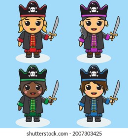 Vector illustration of Cute little Female Pirate Captain. Adorable kids pirate set. Smiling little Girls dressed as Pirate.