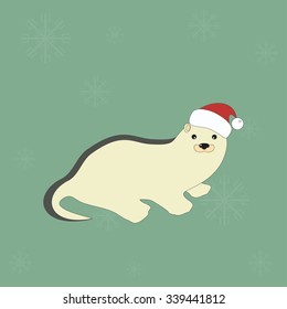 Vector illustration of a cute little ferret. Christmas background.