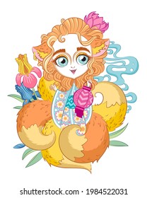 Vector illustration of a cute little five-tailed kitsune girl with a lantern in her hand.
