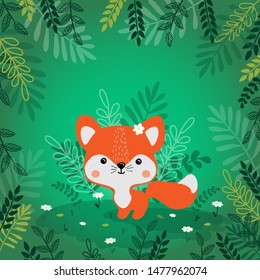 Vector illustration of cute  little  Fox in the forest, flat design