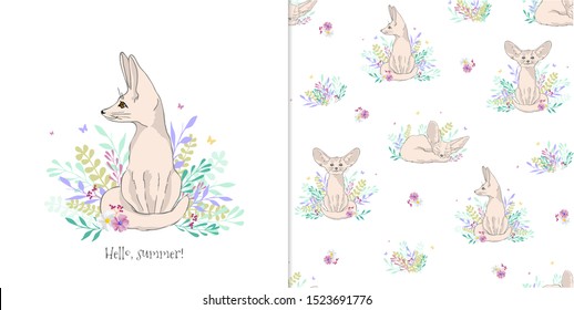 Vector illustration of a cute little fox. Greeting  card and seamless pattern.