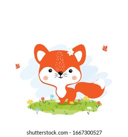 Vector illustration of cute  little  Fox in the forest, flat design