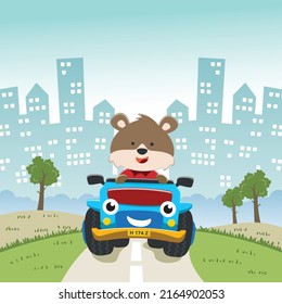 Vector illustration of cute little fox on a truck go to forest, Can be used for t-shirt print, kids wear, invitation card. fabric, textile, nursery wallpaper, poster and other decoration.