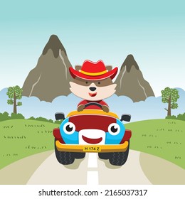 Vektorgrafik des süßen kleinen Fuchs auf einem Lastwagen gehen in den Wald, Kann für T-Shirt-Druck, Kinder tragen, Einladungskarte verwendet werden. Stoff, Textilien, Tapeten aus Baumschulen, Plakat und andere Dekoration.