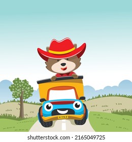 Ilustración vectorial de zorro lindo en un camión ir al bosque, Puede ser usado para imprimir camisetas, niños usar, tarjeta de invitación. tela, textil, tapicería de vivero, afiche y otra decoración.