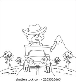 Vector illustration of cute little fox on a truck go to forest, Cartoon isolated vector illustration, Creative vector Childish design for kids activity colouring book or page.