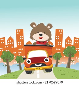 Vector illustration of cute little fox on a truck go to forest, Can be used for t-shirt print, kids wear, invitation card. fabric, textile, nursery wallpaper, poster and other decoration.