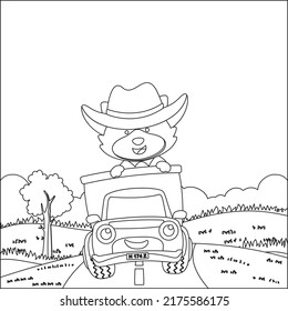 Vector illustration of cute little fox on a truck go to forest, Cartoon isolated vector illustration, Creative vector Childish design for kids activity colouring book or page.