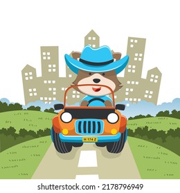 Vector illustration of cute little fox on a off road car go to forest, Can be used for t-shirt print, kids wear, invitation card. fabric, textile, nursery wallpaper, poster and other decoration.