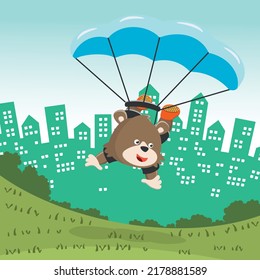 Imagen vectorial de un zorro lindo volando con un paracaídas. con estilo de dibujos animados. Fondo infantil vectorial creativo para tela textil, papel tapiz de vivero, afiche, tarjeta, ilustración vectorial