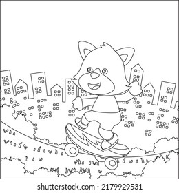 Vector Illustration Of Cute Little Fox On Skate Board. Cartoon Isolated Vector Illustration, Creative Vector Childish Design For Kids Activity Colouring Book Or Page.