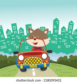 Vector illustration of cute little fox on a off road car go to forest, Can be used for t-shirt print, kids wear, invitation card. fabric, textile, nursery wallpaper, poster and other decoration.