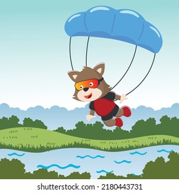 Vector illustration of a cute little fox flying with a parachute. with cartoon style. Creative vector childish background for fabric textile, nursery wallpaper, poster, card, vector illustration
