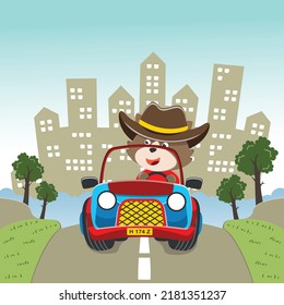 Vector illustration of cute little fox on a off road car go to forest, Can be used for t-shirt print, kids wear, invitation card. fabric, textile, nursery wallpaper, poster and other decoration.
