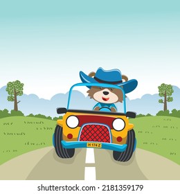 Vector illustration of cute little fox on a off road car go to forest, Can be used for t-shirt print, kids wear, invitation card. fabric, textile, nursery wallpaper, poster and other decoration.