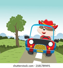 Vector illustration of cute little fox on a off road car go to forest, Can be used for t-shirt print, kids wear, invitation card. fabric, textile, nursery wallpaper, poster and other decoration.
