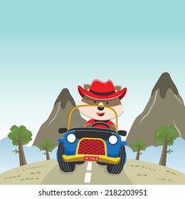 Vector illustration of cute little fox on a off road car go to forest, Can be used for t-shirt print, kids wear, invitation card. fabric, textile, nursery wallpaper, poster and other decoration.