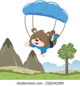 Vector illustration of a cute little fox flying with a parachute. with cartoon style. Creative vector childish background for fabric textile, nursery wallpaper, poster, card, vector illustration