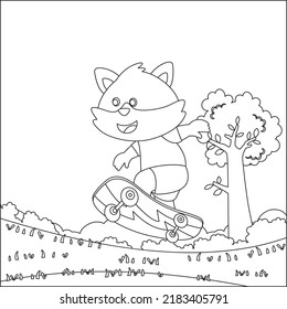 Vector Illustration Of Cute Little Fox On Skate Board. Cartoon Isolated Vector Illustration, Creative Vector Childish Design For Kids Activity Colouring Book Or Page.