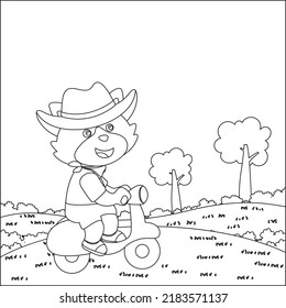 Vector illustration of cute little fox riding a scooter. Funny vector illustration. Childish design for kids activity colouring book or page.