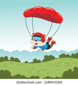 Vector illustration of a cute little fox flying with a parachute. with cartoon style. Creative vector childish background for fabric textile, nursery wallpaper, poster, card, vector illustration