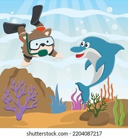 Vector illustration of cute little fox diving in undersea adventure on a background of beautiful blue water