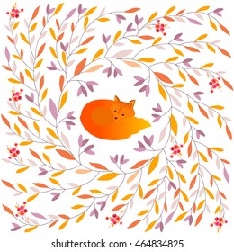 Vector illustration of cute little fox in floral wreath.