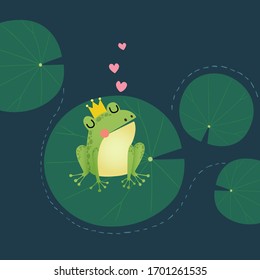 Vector illustration of a cute little frog prince with a golden crown on the lotus leaf.