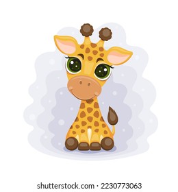 Vector illustration of the cute little giraffe on the green background.