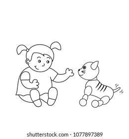 vector illustration cute little girl is playing with kitten robot